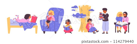 Isolated illustration of boys and girls with books. 114279440