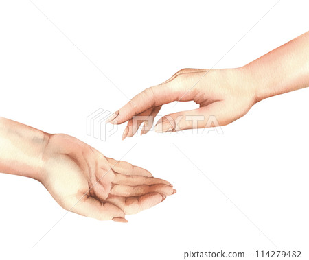 The hands of a white woman, one accepts the other gives. Realistic hand-drawn watercolor illustration. Composition isolated from the background. For the themes of Women's Day, Mother's Day, Charity The hands of a white woman, one accepts the other gives. Realistic hand-drawn watercolor illustration. Composition isolated from the background. For the themes of Women's Day, Mother's Day, Charity 114279482