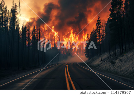 A forest wildfire is raging through a wooded area with road. Trees are on fire and flames are spreading quickly. Air is thick with smoke 114279507
