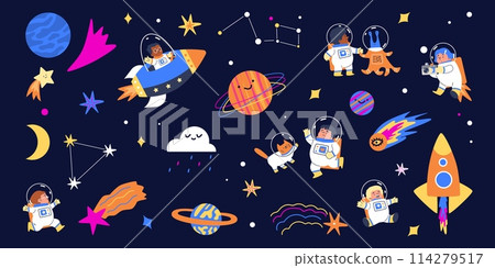 Space adventure with children and animals in spacesuits flat vector illustration. Space adventure with children and animals in spacesuits flat vector illustration. 114279517