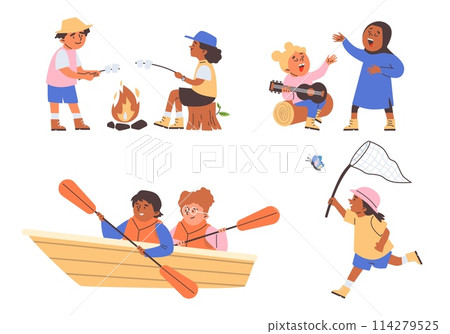 Set of flat illustrations of summer camp activities with characters. Set of flat illustrations of summer camp activities with characters. 114279525