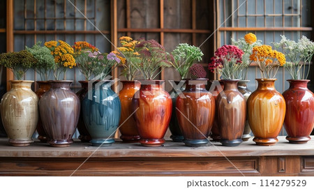 Collection of colorful ceramic vases with dried flowers on wooden shelf against window. 114279529