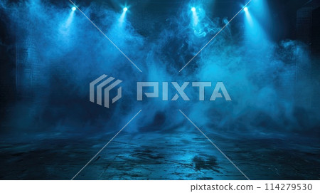 Blue mist and cracked ground. Dramatic smoke effect over dark surface. 114279530