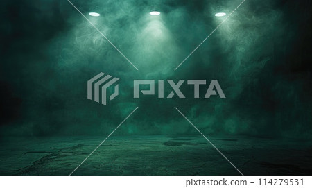 Eerie underground tunnel with green smoke and overhead lights. 114279531