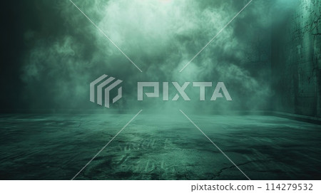 Mystical green smoke on a dark concrete floor. Abstract background concept for 114279532