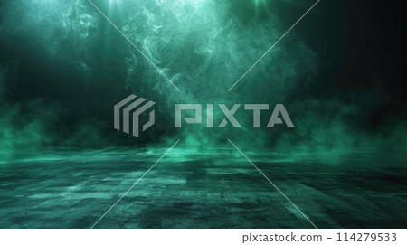 Mystical green smoke on a dark concrete floor. Abstract background concept for 114279533