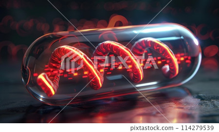 3D illustration of a glowing DNA helix inside a glass tube on a futuristic background. 114279539