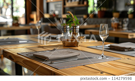 Restaurant table set for dining. Professional restaurant interior with wooden tables 114279598