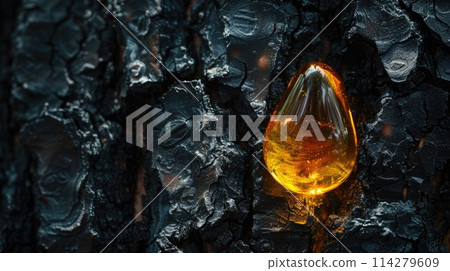 Amber droplet on charred wood texture. Macro photography. 114279609