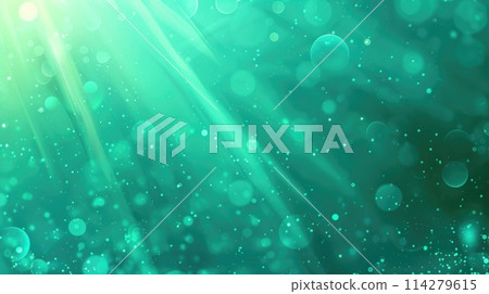 Abstract green light rays with bubbles on a vivid background. Fantasy underwater concept. 114279615
