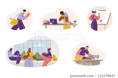 Dynamic college life and study vector set 114279647