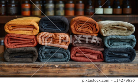 Stacked colorful cotton towels on rustic wooden background. 114279650