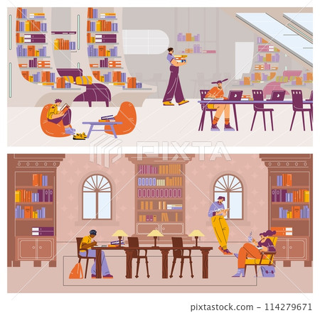 Cozy library scene vector illustration set Cozy library scene vector illustration set 114279671