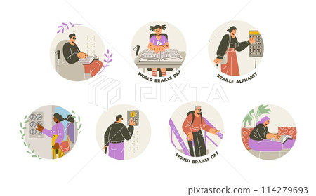 Blind persons finger drives on braille font points, read book, inscriptions, World braille day vector round stickers set 114279693