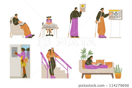 Use of Braille alphabet by visually impaired people, flat vector illustrations. 114279698