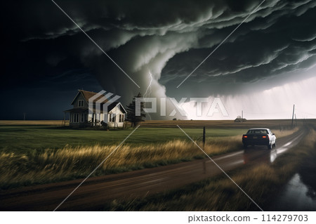 Disaster catastrophe storm concept - tornado in a field in the USA with wooden house and car on road under stormy dark sky 114279703