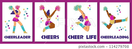Cheerleading banners or posters with female characters, flat vector illustration. 114279708