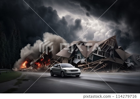 A car is in front of a destroyed by disaster house that is on fire 114279716