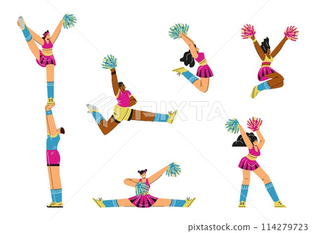 Cheerleaders cheering and motivate the crowd, flat vector illustrations isolated. 114279723