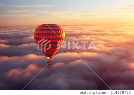 Colorful hot air balloon floats over a sea of clouds at sunset at sunset with orange and blue skies in the background. Travel journey adventure beauty of nature concept 114279732