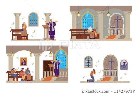 Praying people in church vector set, Christian Orthodox religious persons pray to God, Priest makes a liturgy speech 114279737