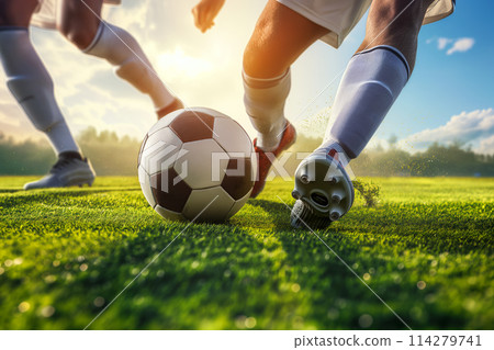 Two soccer players struggle dribble and kick a ball on a football stadium field 114279741