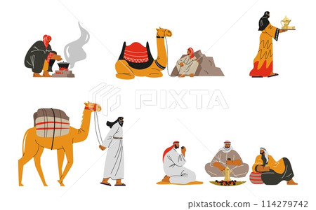 Bedouins resting, walking with camel, cartoon nomads in Arab clothing cooks over the campfire vector set isolated 114279742