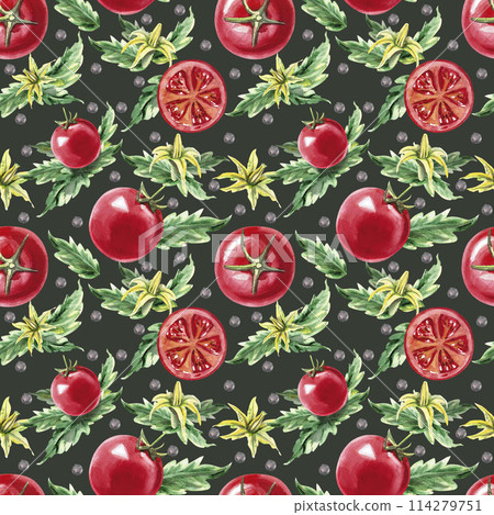 Pattern with tomatoes and flowers in watercolor illustration on a white background. Hand drawn illustration pattern for fabrics, packaging, cookbooks. 114279751