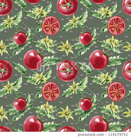 Pattern with tomatoes and flowers in watercolor illustration on a white background. Hand drawn illustration pattern for fabrics, packaging, cookbooks. 114279752