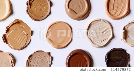 Various cosmetic smears of cream on a light background. Generative AI 114279872