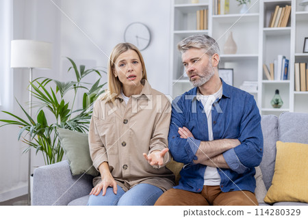 Middle-aged couple engaged in a serious online consultation with a family psychologist, expressing concerns and seeking advice. 114280329