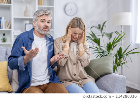 A married couple experiencing a family conflict during a video call with a psychologist. The image shows a man explaining and a woman feeling stressed in their living room. 114280330
