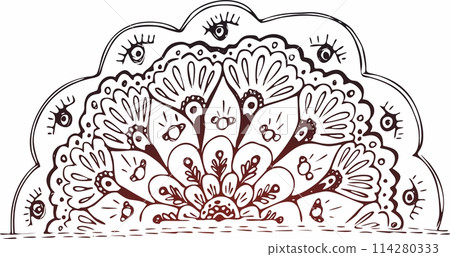 Black and white circle flower ornament, ornamental round lace design. Floral mandala. Hand drawn ink pattern made by trace from personal sketch Black and white circle flower ornament, ornamental round lace design. Floral mandala. Hand drawn ink pattern made by trace from personal sketch 114280333