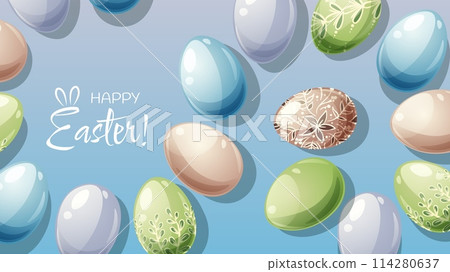 Easter poster and banner template with Easter eggs on a blue background. Spring illustration. Congratulations and gifts for Easter in cartoon style 114280637