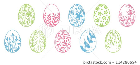 Easter eggs set. Vector lineart set of eggs with floral ornament. Easter eggs set. Vector lineart set of eggs with floral ornament. 114280654