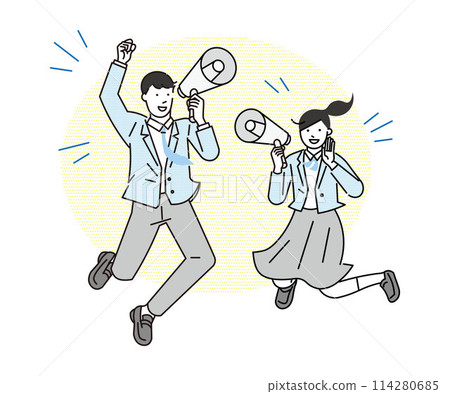 Men and women jumping with megaphones - cheering - people black and white simple vector illustration material 114280685