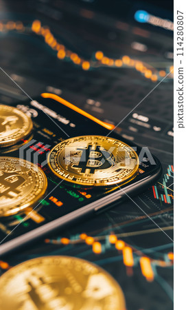 Stack of Bitcoin on Computer Screen 114280807