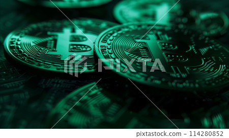 Close-Up of Bitcoin Coin on Table 114280852