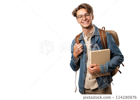 Man Carrying Backpack and Book Man Carrying Backpack and Book 114280976