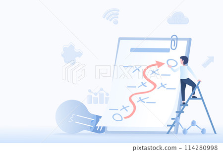 Business ideas and KPI strategy concept. Tactical planning, management, improvement, development, creativity, thinking, competition and opportunity to achieve success. Flat vector design illustration. 114280998