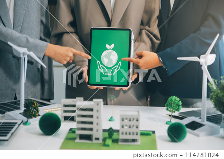 Carbon offset price report CO2 emission. Future growth Net zero waste in ESG ethical SME office protect climate change global warming social issues project. Group of asia people Eco friendly SDGs plan 114281024