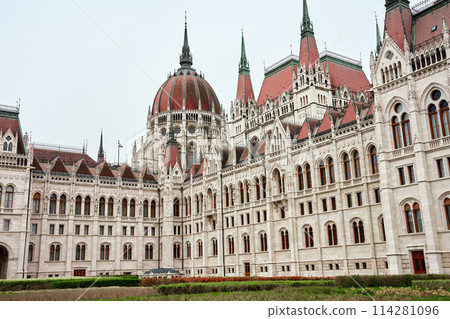 Hungarian Parliament. Famous landmark in Budapest. Detailed view of historical building 114281096