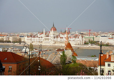 Panoramic view on skyline of Budapest city along Danube River. Architecture of capital of Hungary with historical buildings and famous landmarks 114281098