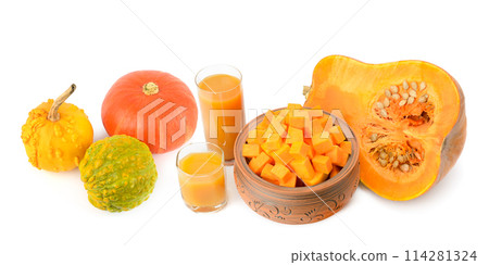 Pumpkin juice and pumpkins isolated on a white. There is free space for text. Collage. 114281324