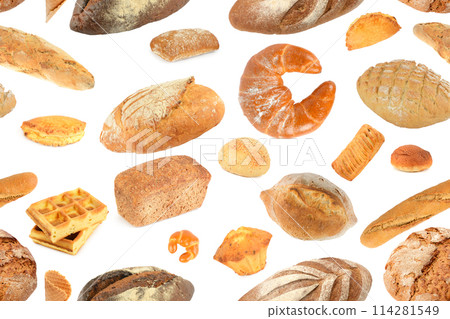 Bread and sweet confectionery isolated on white. Seamless pattern. 114281549