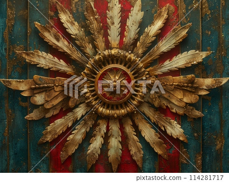 A stunning gold and red wall clock adorned with delicate feathers, adding a whimsical touch to any room in the enchanting circus. 114281717