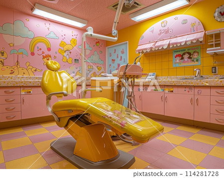 A vibrant yellow dentist chair stands out in a whimsical pink and yellow-themed childrens dental office, creating a cheerful and inviting atmosphere. 114281728