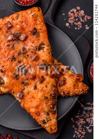 Slices of delicious street pizza with sausage, mushrooms, tomatoes and cheese Slices of delicious street pizza with sausage, mushrooms, tomatoes and cheese 114281744