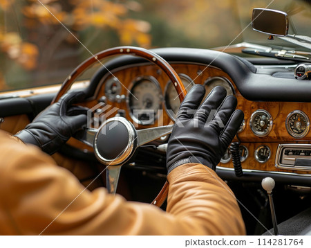 A dexterous man in driving gloves steering a car through the open road with precision and focus. 114281764