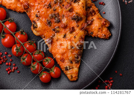 Slices of delicious street pizza with sausage, mushrooms, tomatoes and cheese 114281767